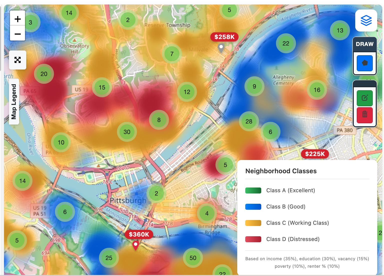 Neighborhood Classes Heatmap - Visual representation of neighborhood classifications on Pittsburgh map